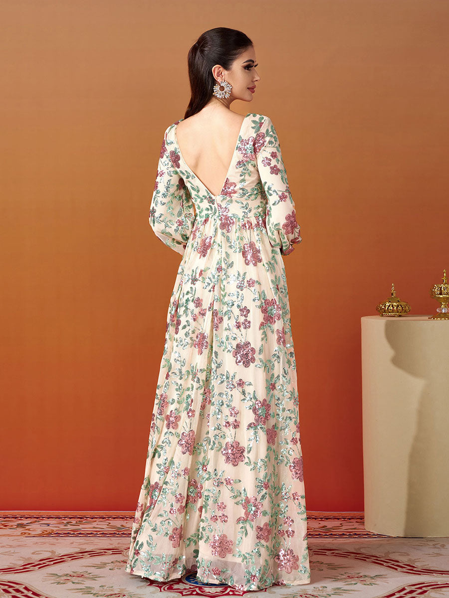 Langarm Promkleid mit Blumen und Glanz RJ10789