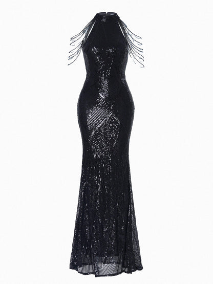 Schwarzes Cocktailkleid mit Perlen und Pailletten M01081