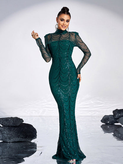 Transparentes Paillettenkleid mit Fischschwanz M0032