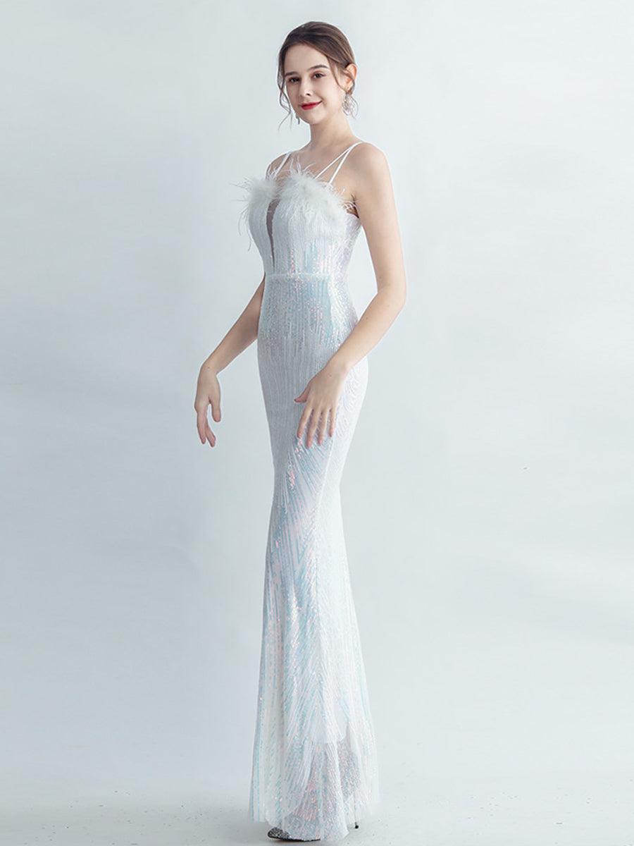 Spaghetti Straps Feather Gradient Sequin Dress GM90120 - MISS ORD