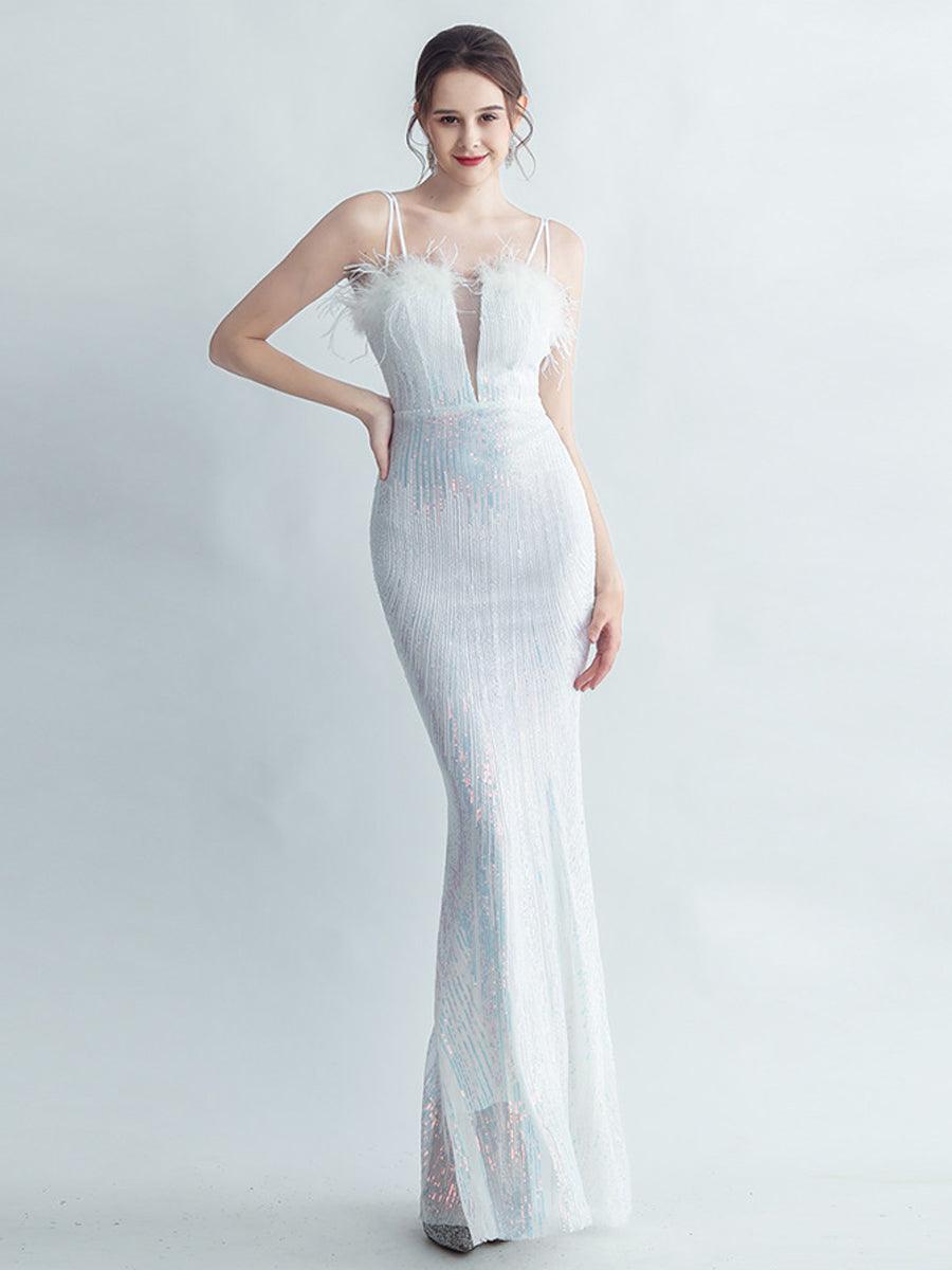 Spaghetti Straps Feather Gradient Sequin Dress GM90120 - MISS ORD