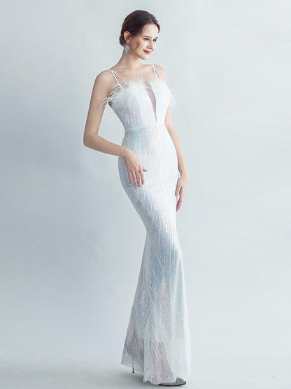 Spaghetti Straps Feather Gradient Sequin Dress GM90120 - MISS ORD
