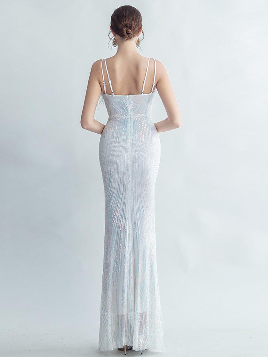 Spaghetti Straps Feather Gradient Sequin Dress GM90120 - MISS ORD