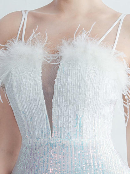 Spaghetti Straps Feather Gradient Sequin Dress GM90120 - MISS ORD