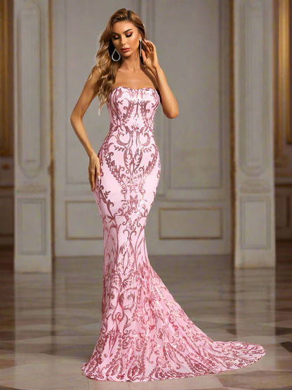Rosa Paillettenkleid Schulterfrei Meerjungfrau Tribal-Stil XH1342