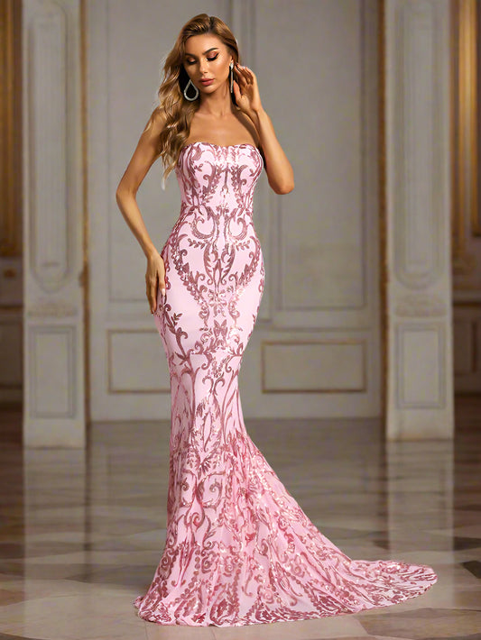 Rosa Paillettenkleid Schulterfrei Meerjungfrau Tribal-Stil XH1342