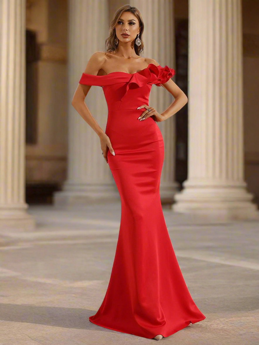 Rotes Rüschendes Off-Shoulder Meerjungfrauen Kleid M01947