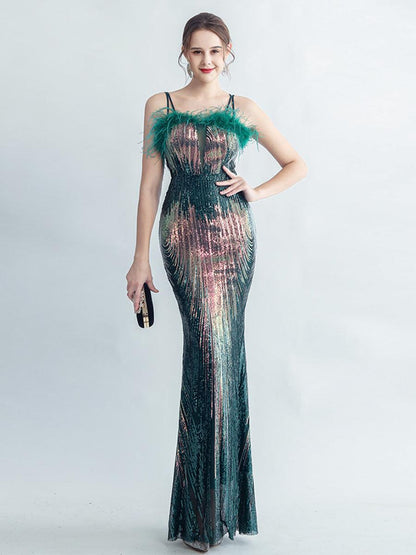 Spaghetti Straps Feather Gradient Sequin Dress GM90120 - MISS ORD