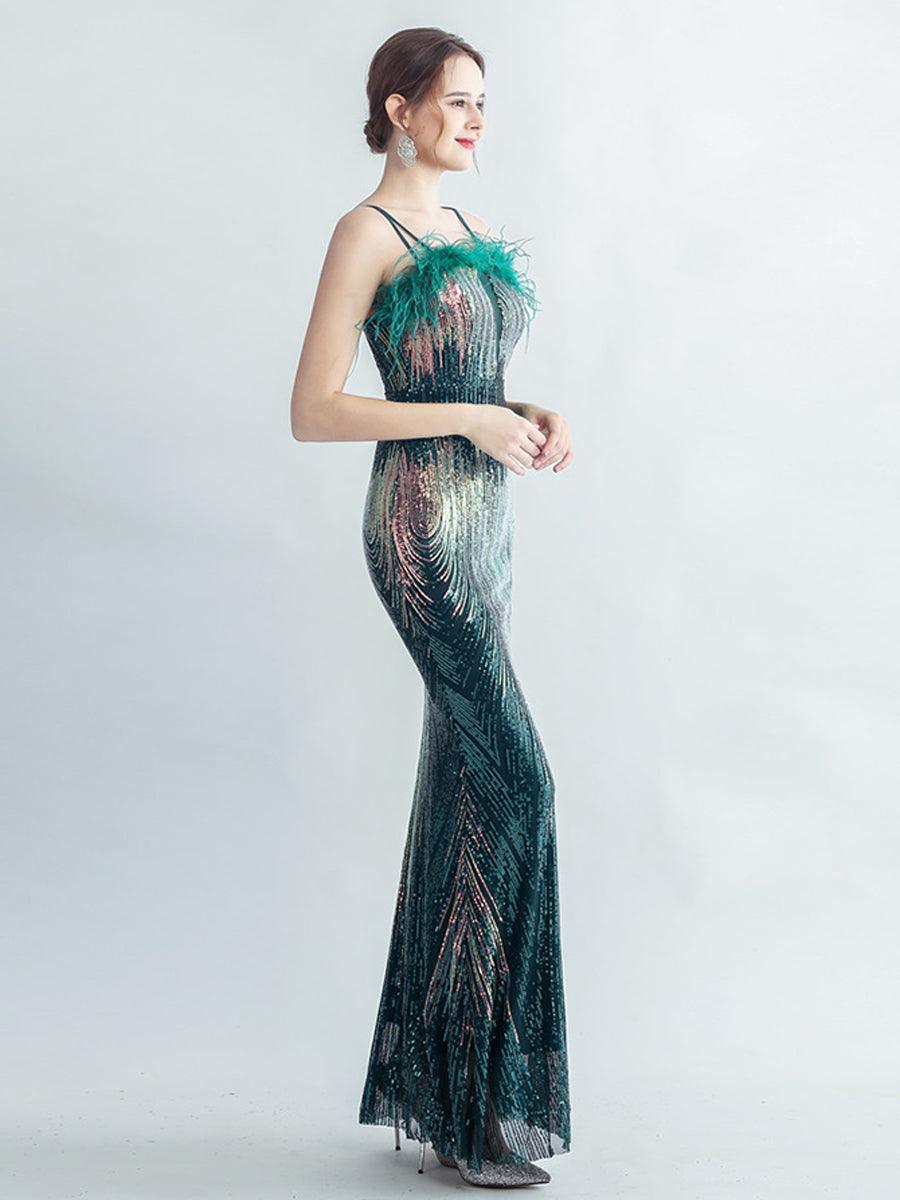 Spaghetti Straps Feather Gradient Sequin Dress GM90120 - MISS ORD