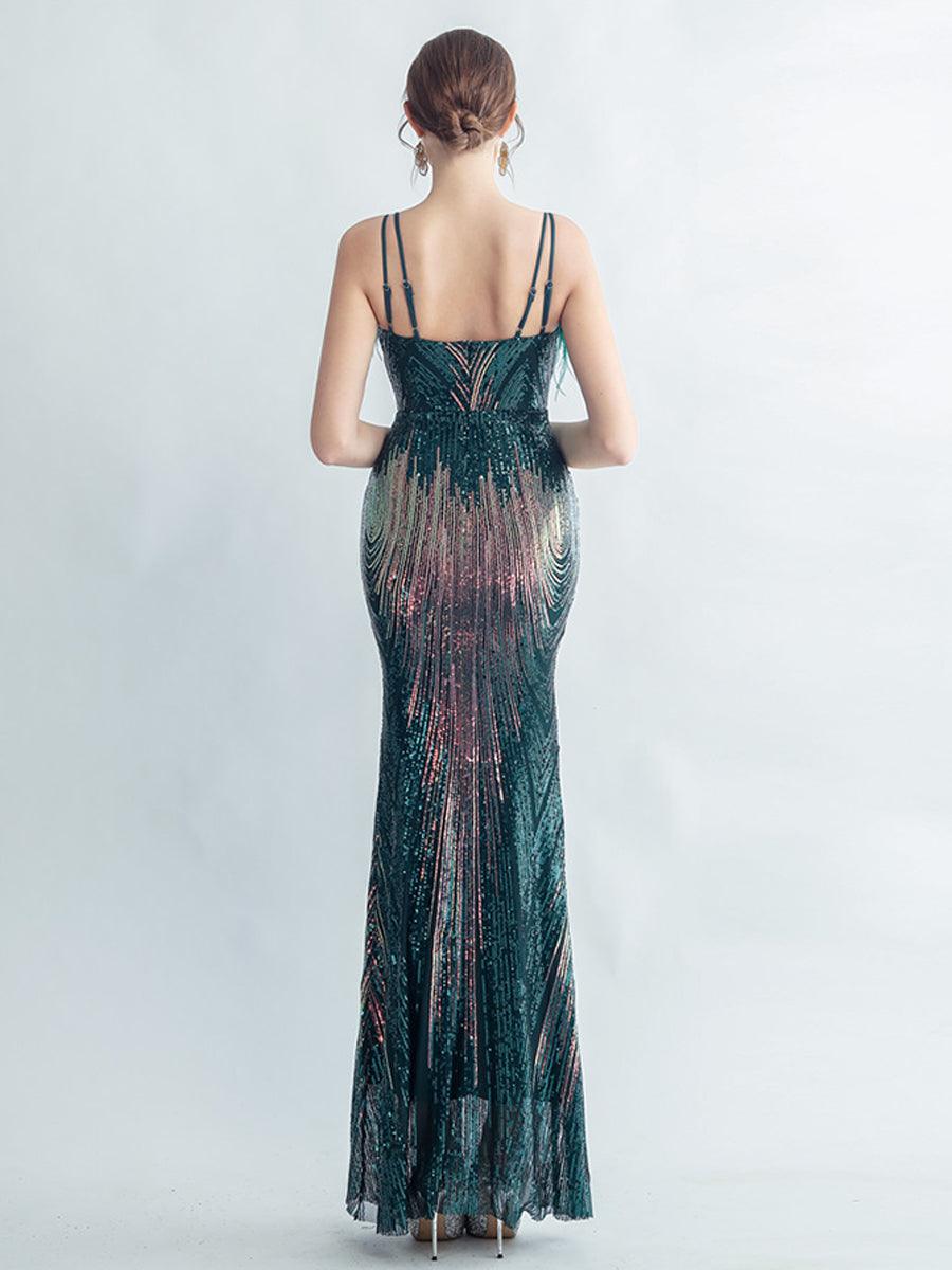 Spaghetti Straps Feather Gradient Sequin Dress GM90120 - MISS ORD