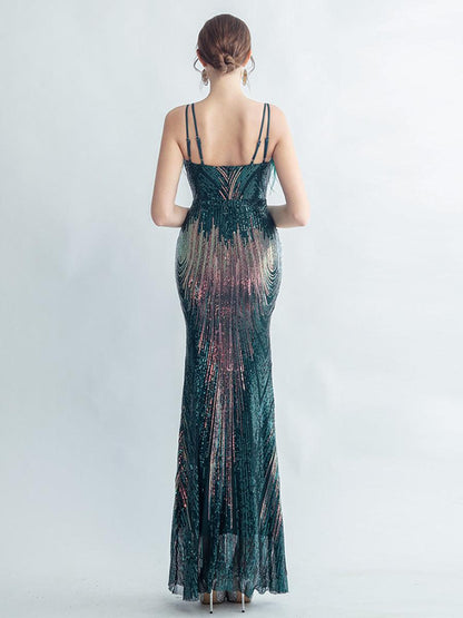 Spaghetti Straps Feather Gradient Sequin Dress GM90120 - MISS ORD