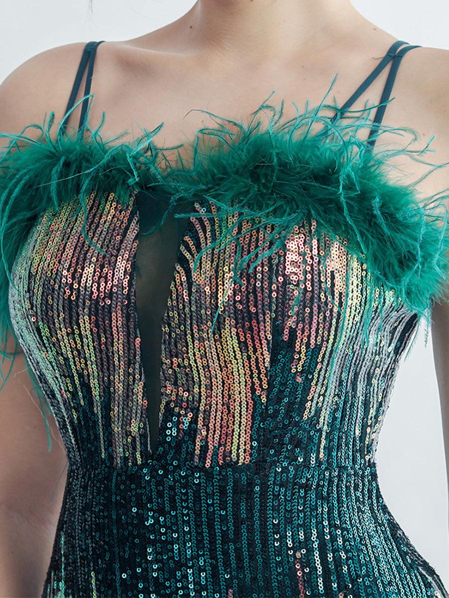 Spaghetti Straps Feather Gradient Sequin Dress GM90120 - MISS ORD