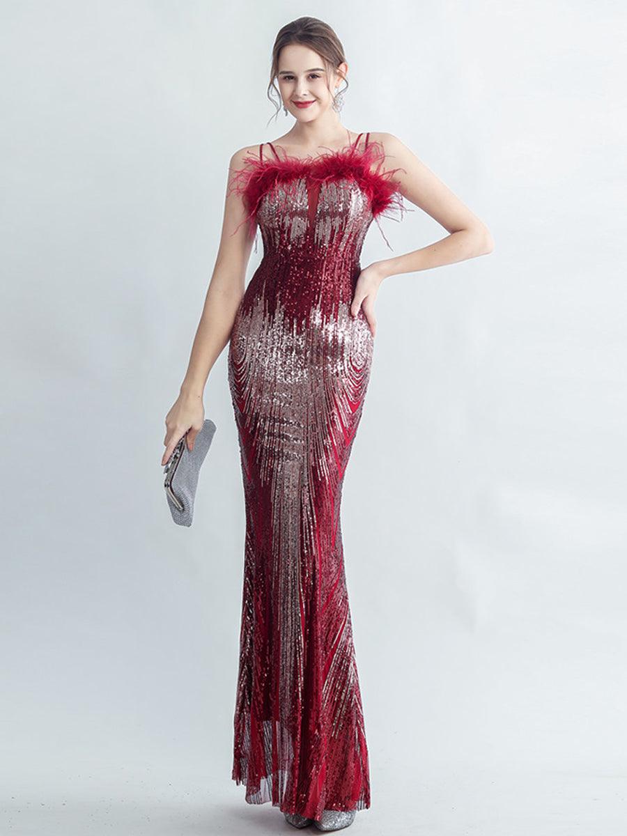 Spaghetti Straps Feather Gradient Sequin Dress GM90120 - MISS ORD