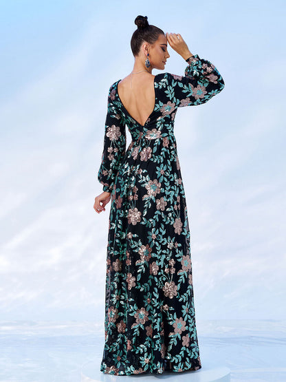 Langarm Promkleid mit Blumen und Glanz RJ10789