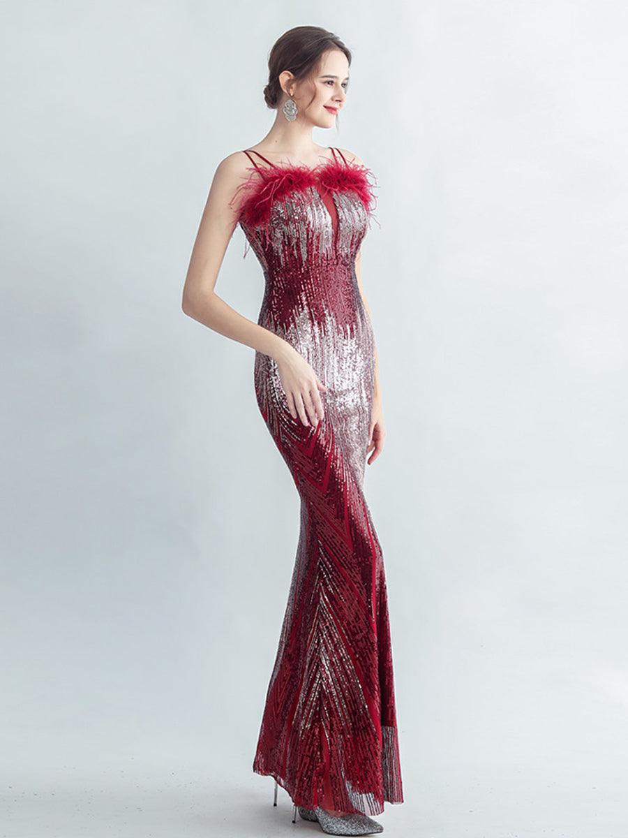 Spaghetti Straps Feather Gradient Sequin Dress GM90120 - MISS ORD
