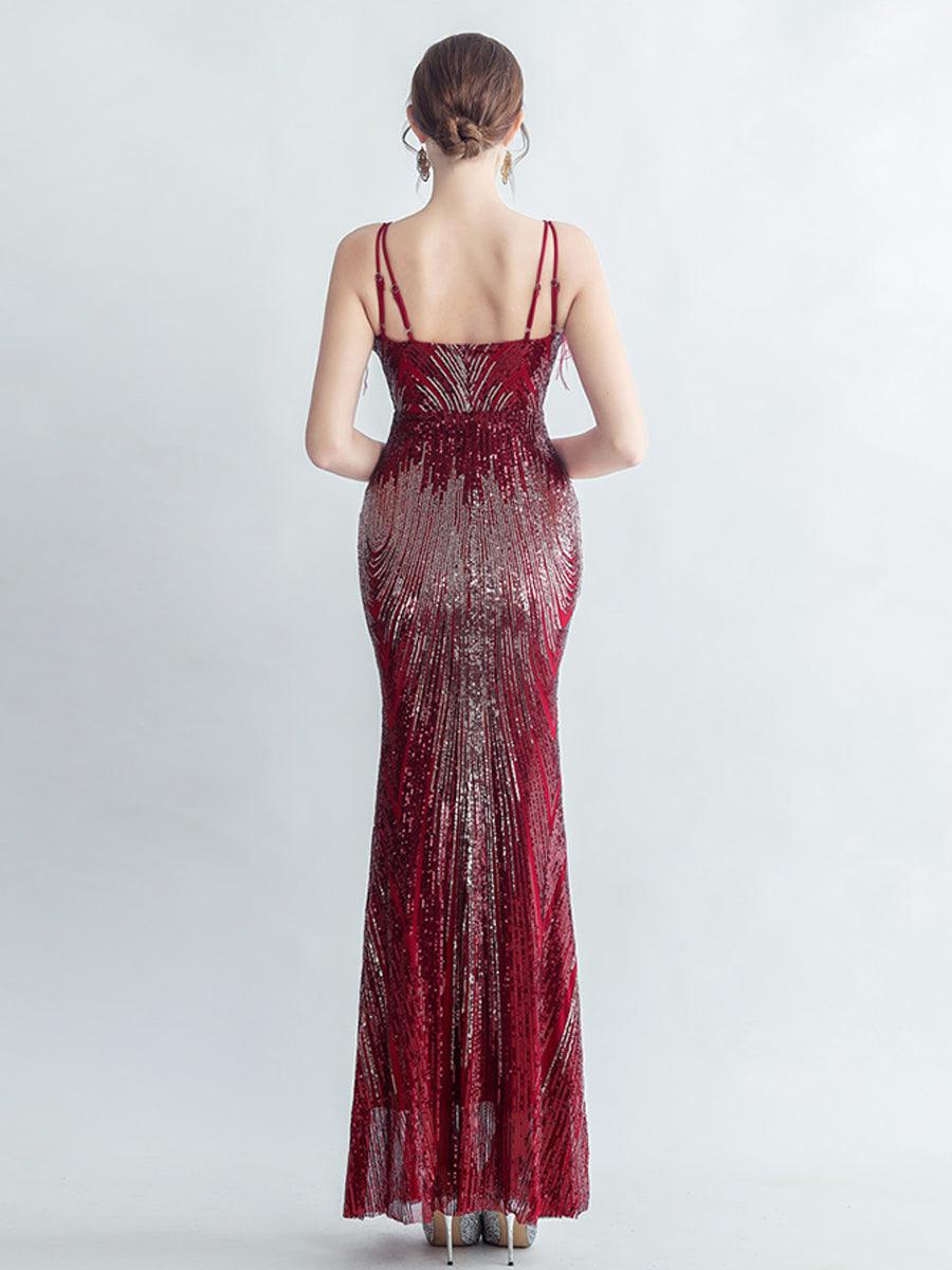 Spaghetti Straps Feather Gradient Sequin Dress GM90120 - MISS ORD