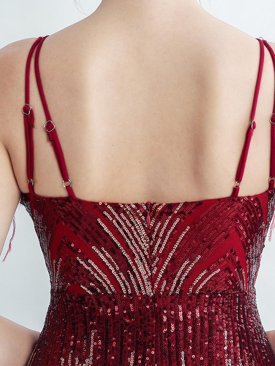 Spaghetti Straps Feather Gradient Sequin Dress GM90120 - MISS ORD