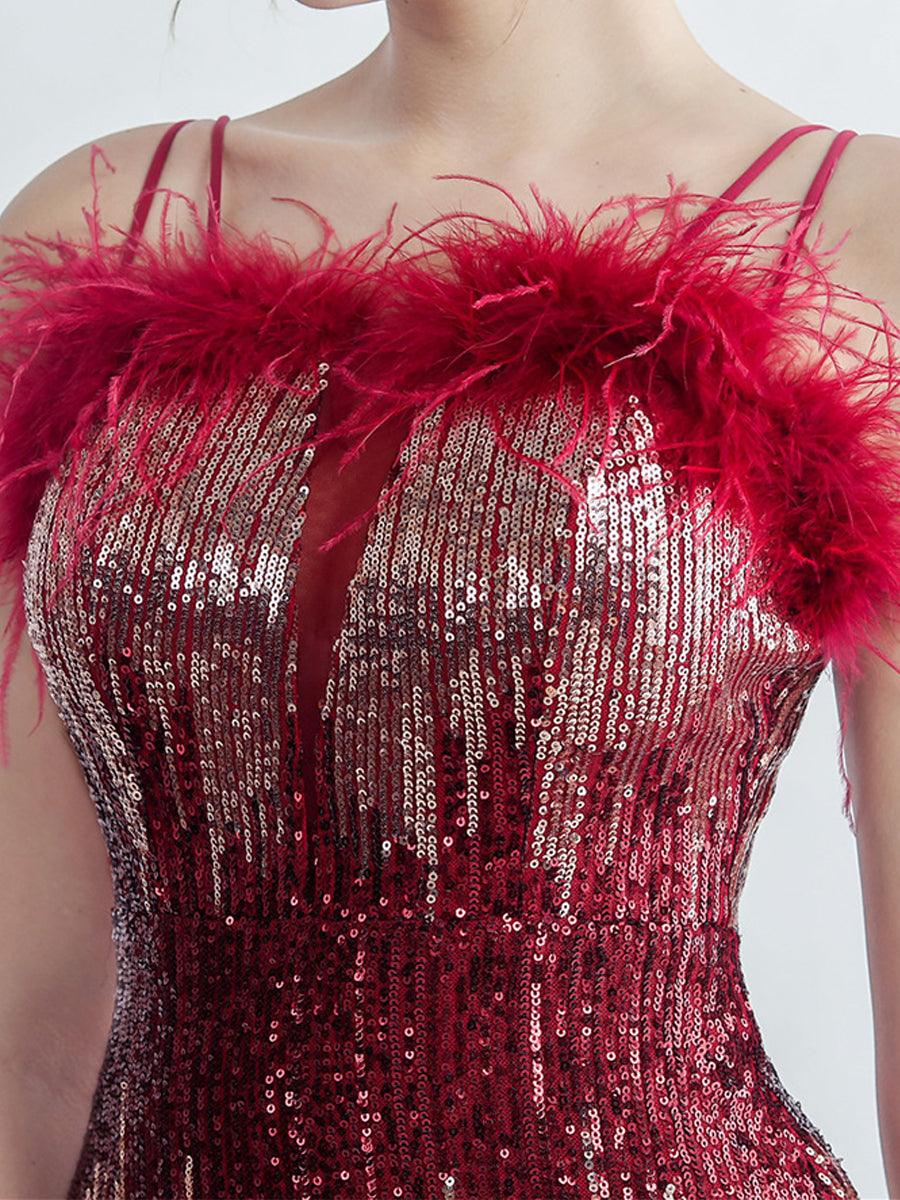 Spaghetti Straps Feather Gradient Sequin Dress GM90120 - MISS ORD