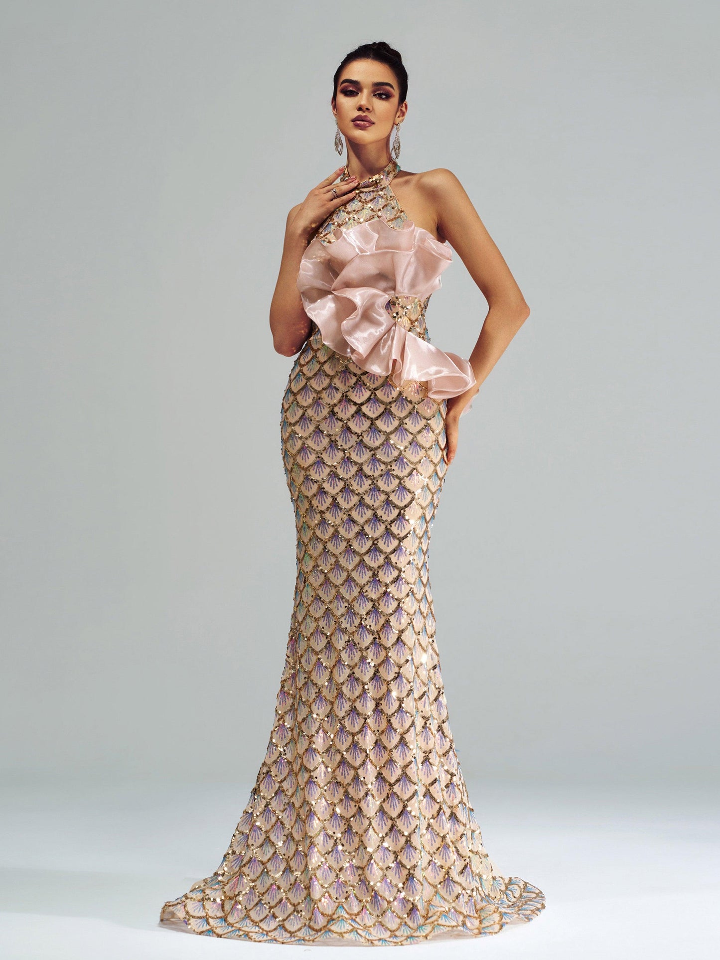 Halter Floral Mermaid Sequin Evening Dress DH80204 - MISS ORD