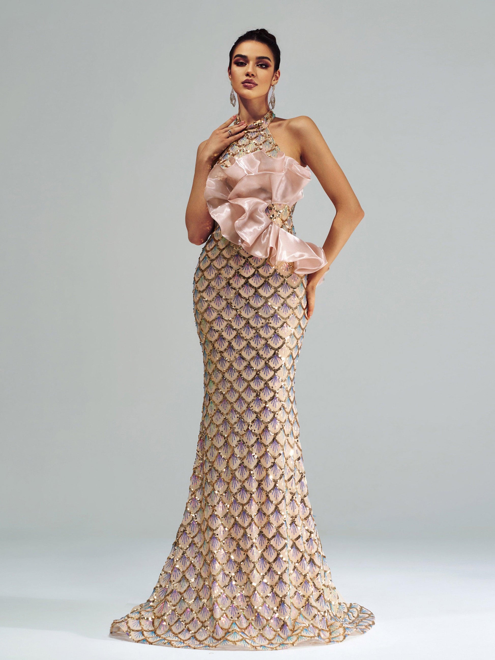 Halter Floral Mermaid Sequin Evening Dress DH80204 - MISS ORD