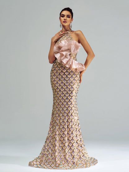 Halter Floral Mermaid Sequin Evening Dress DH80204 - MISS ORD