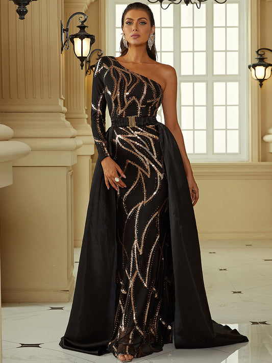 One-Shoulder Pailletten Umhang Abendkleid XH2172