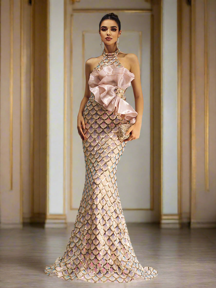 Halter Floral Mermaid Sequin Evening Dress DH80204 - MISS ORD