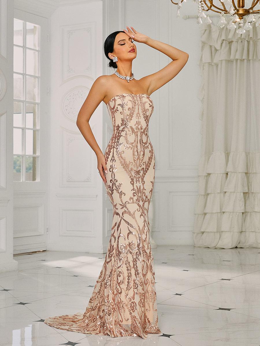 Strapless Mermaid Sequin Maxi Dress XH1342 - MISS ORD
