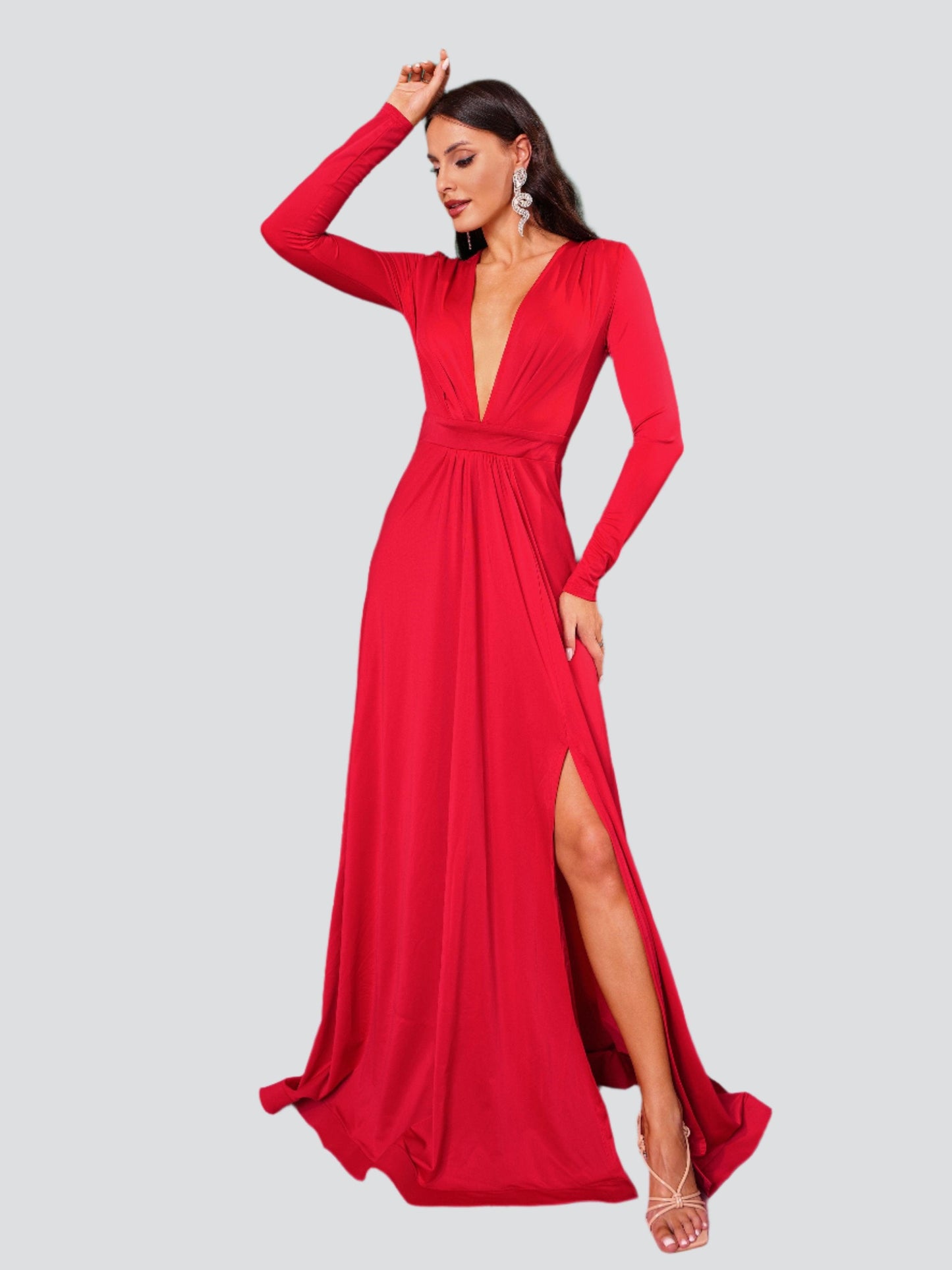 V-neck Long Sleeve Split Maxi Dress XH1221 - MISS ORD