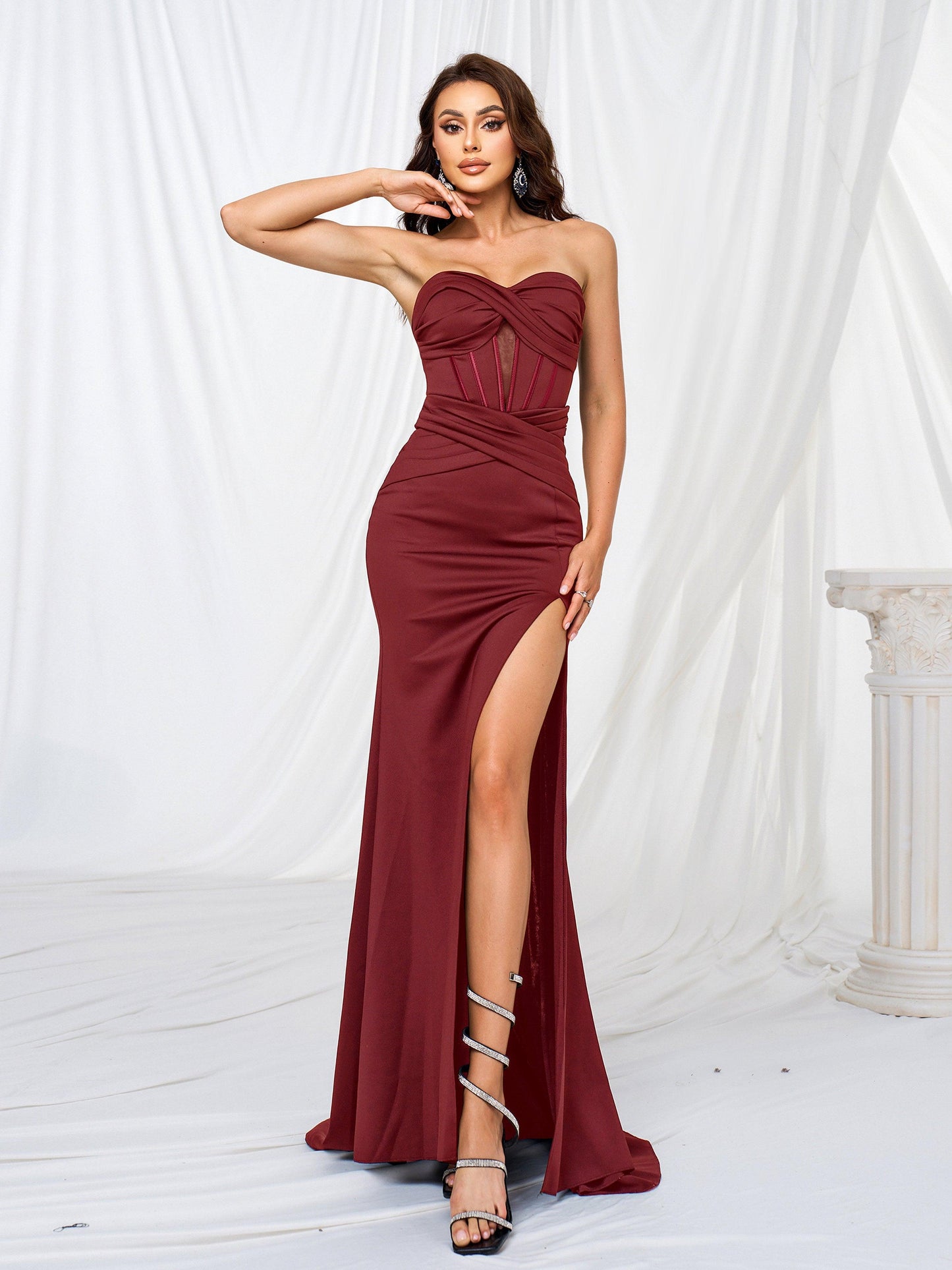 Corset Strapless Split Plain Maxi Dress GM90016 - MISS ORD