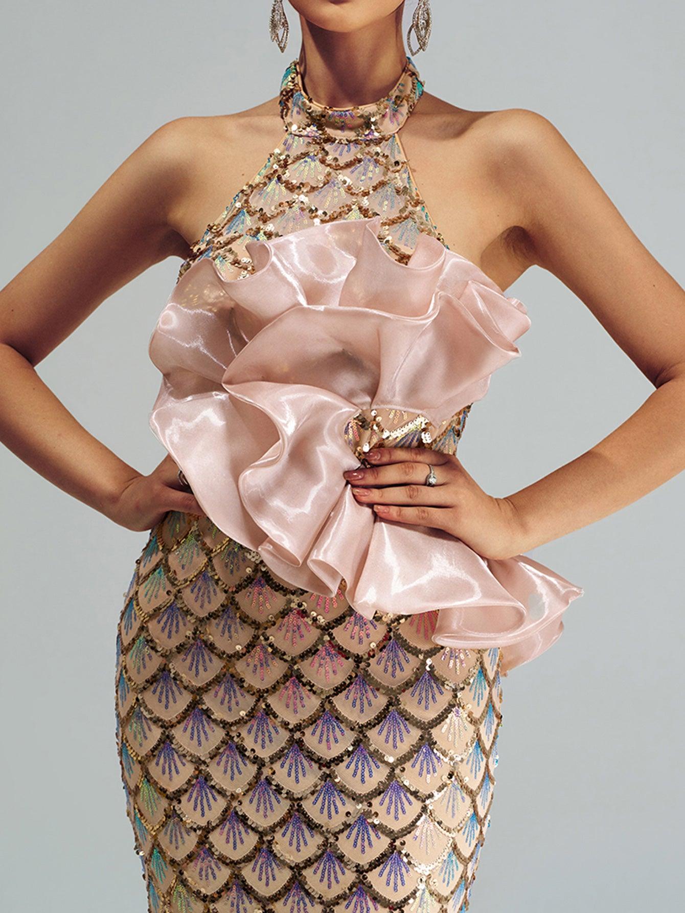 Halter Floral Mermaid Sequin Evening Dress DH80204 - MISS ORD