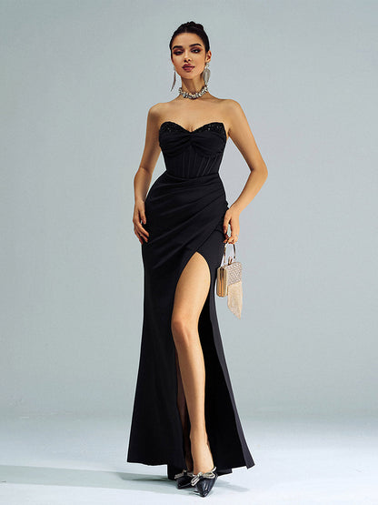 Elegantes Cocktailkleid Schwarz Korsett Schlitz GM90151
