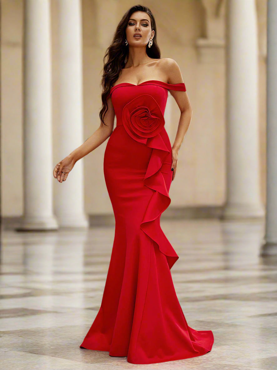 Rotes Schulterfreies Meerjungfrau Blumenkleid M02117