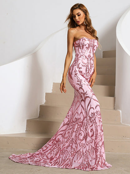 Rosa Paillettenkleid Schulterfrei Meerjungfrau Tribal-Stil XH1342