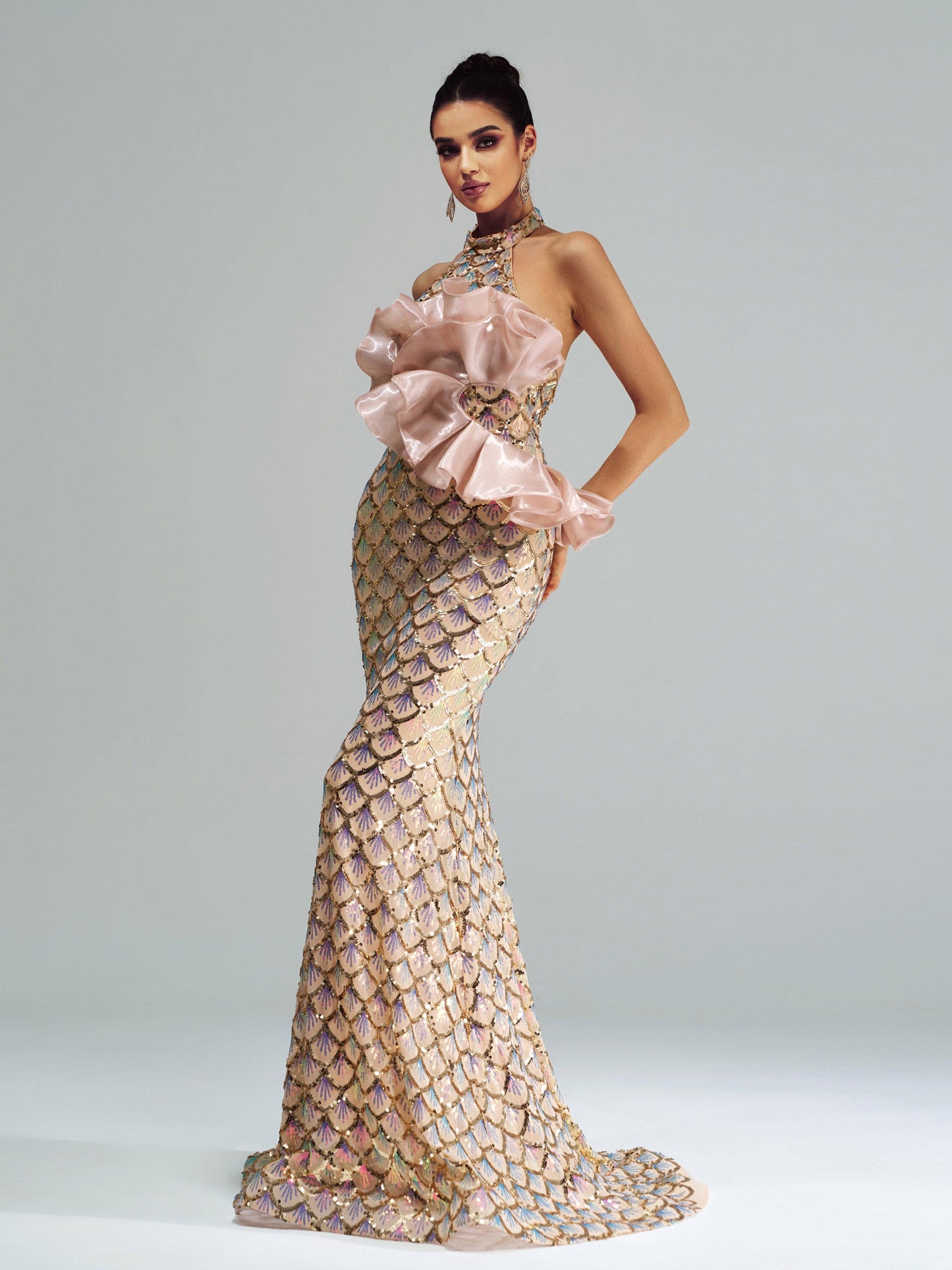 Halter Floral Mermaid Sequin Evening Dress DH80204 - MISS ORD