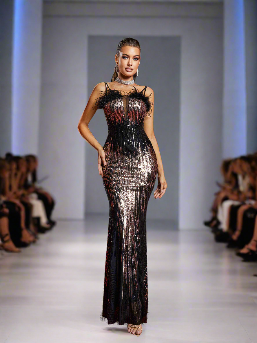 Spaghettiträger Federverlauf Pailletten Kleid GM90120