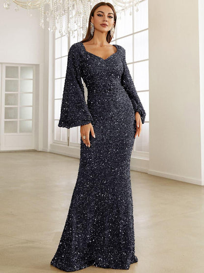 Sequin Bell Sleeve Mermaid Dress M02010 - MISS ORD