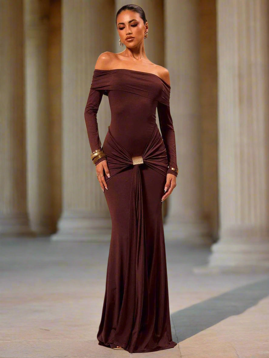 Schulterfreies Kleid Knoten Lange Ärmel Casual MCC1202
