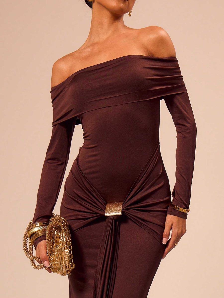 Off Shoulder Draped Long Sleeve Dress MCC1202 - MISS ORD
