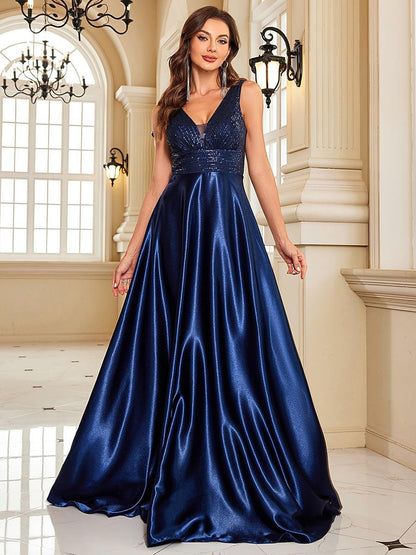 Blue V-neck Satin A-line Prom Dress MCC1234 - MISS ORD
