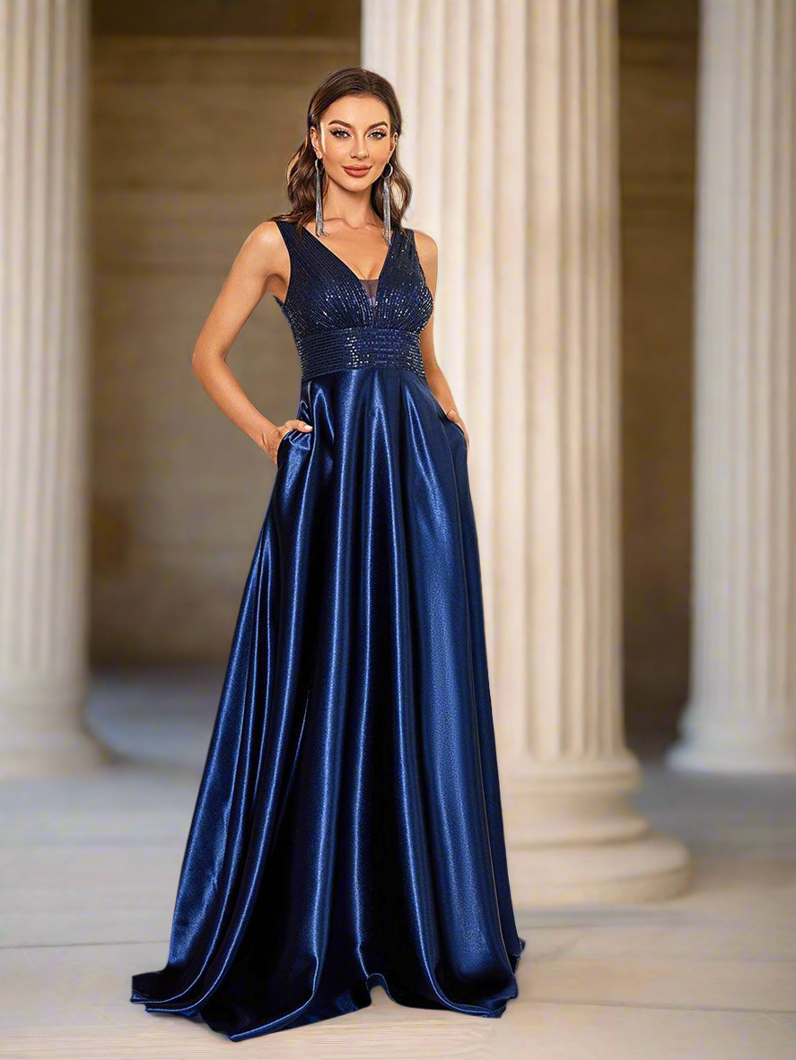 A-Linie Satinkleid Blau V-Ausschnitt Rückenfrei MCC1234