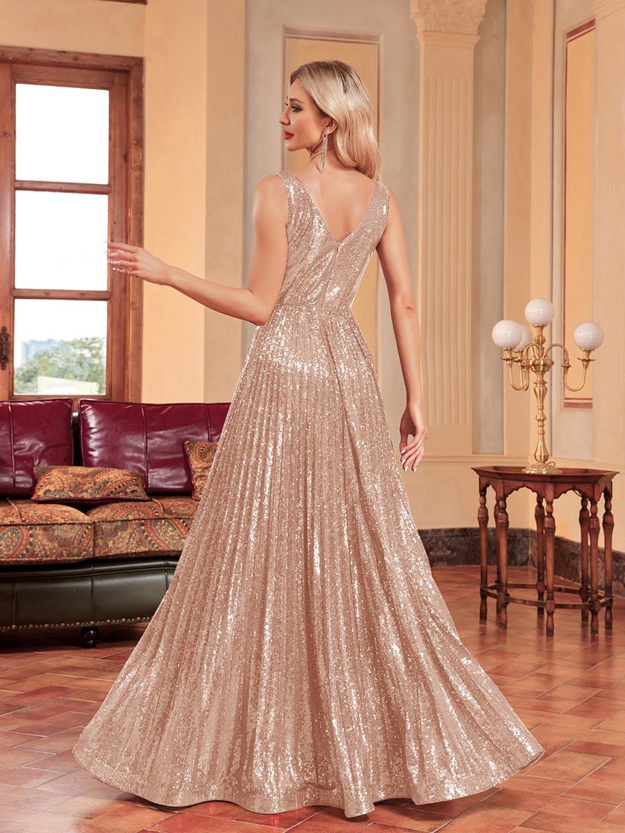 Sequin Pleated A-line V-neck Prom Dress MCC1236 - MISS ORD