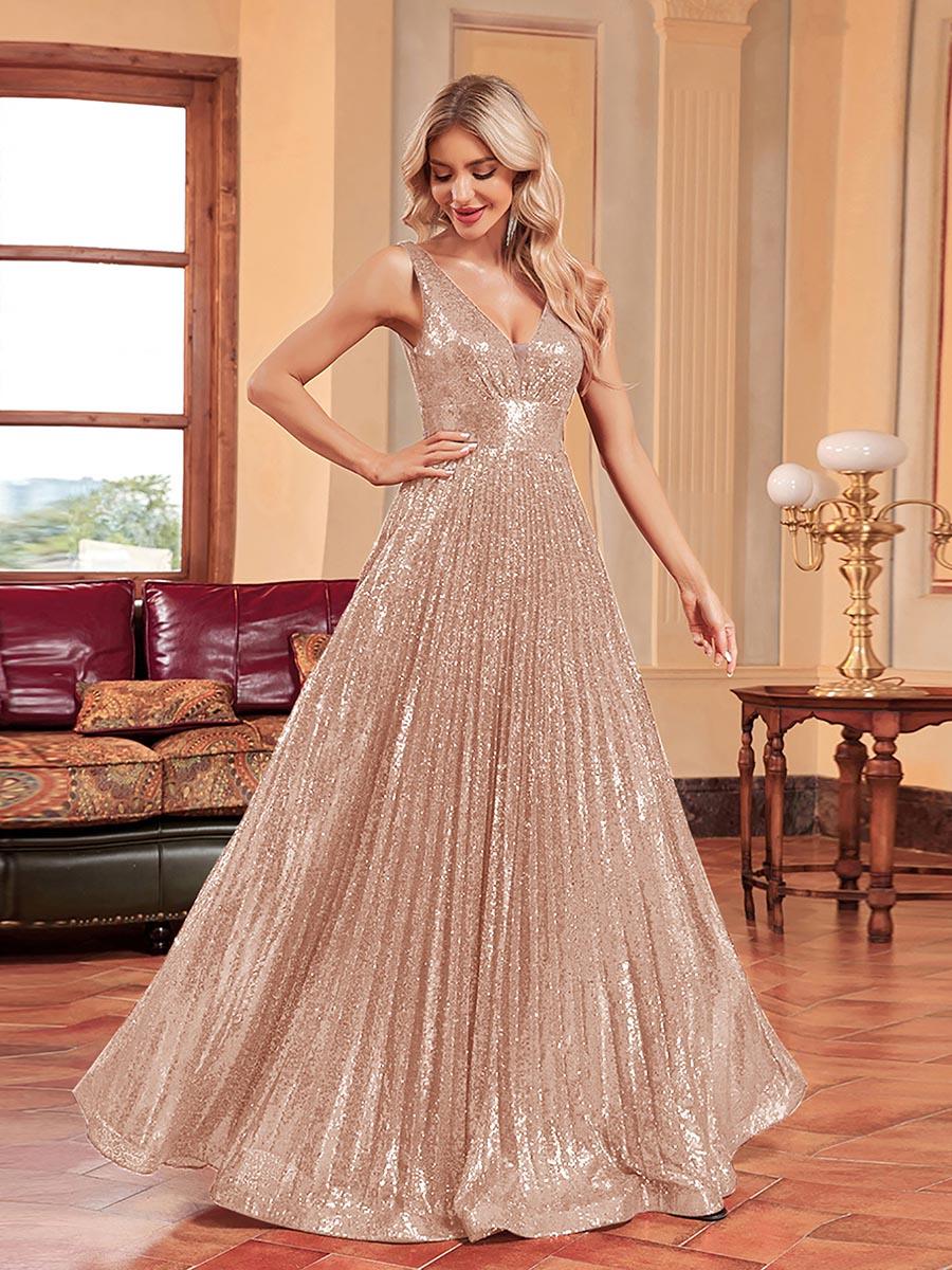 Sequin Pleated A-line V-neck Prom Dress MCC1236 - MISS ORD
