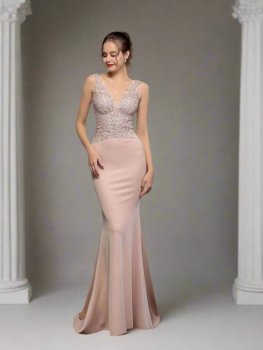 V-Ausschnitt Ärmellos Besticktes Abendkleid Elegant MCW0951