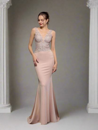 V-Ausschnitt Ärmellos Besticktes Abendkleid Elegant MCW0951