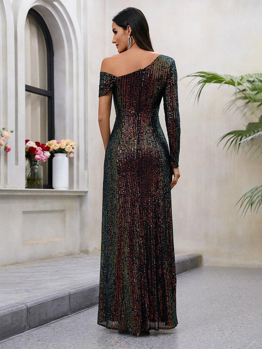 One Shoulder Glitter Ruched Prom Dress MCW1008 - MISS ORD