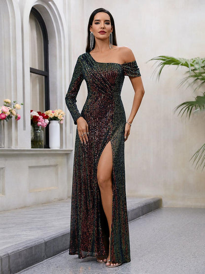 One Shoulder Glitter Ruched Prom Dress MCW1008 - MISS ORD