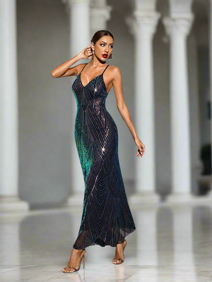 Paillettenkleid V-Ausschnitt Spaghettiträger MCW1050