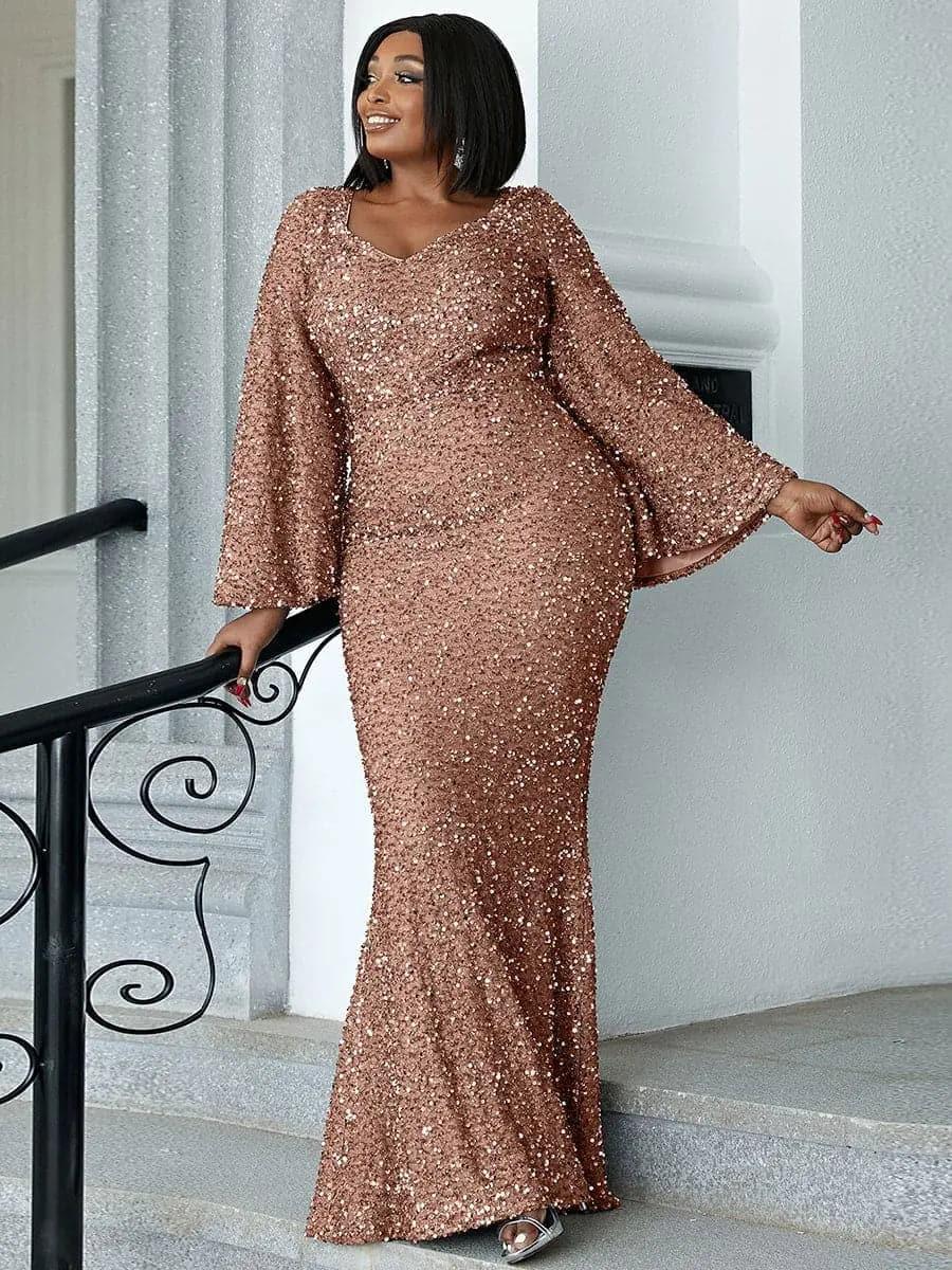 Sequin Bell Sleeve Mermaid Dress M02010 - MISS ORD