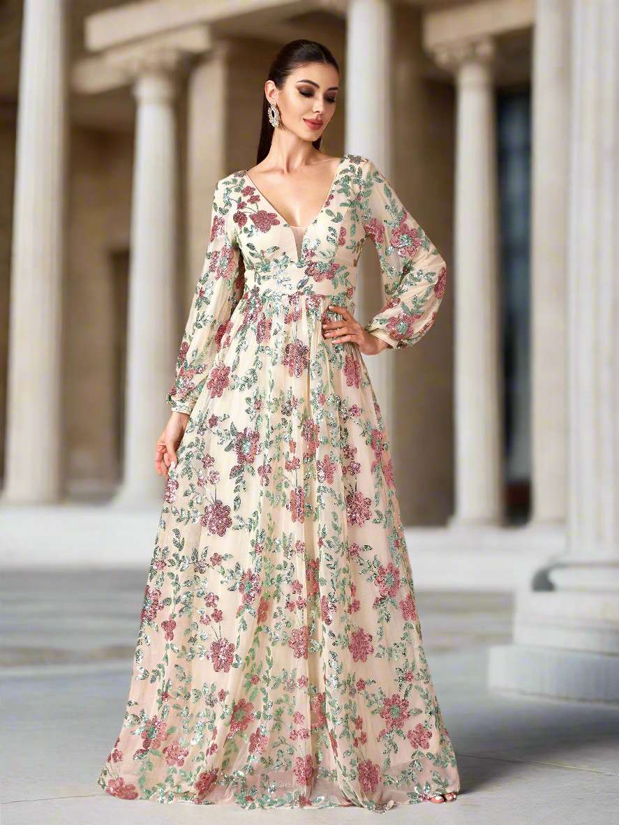 Langarm Promkleid mit Blumen und Glanz RJ10789